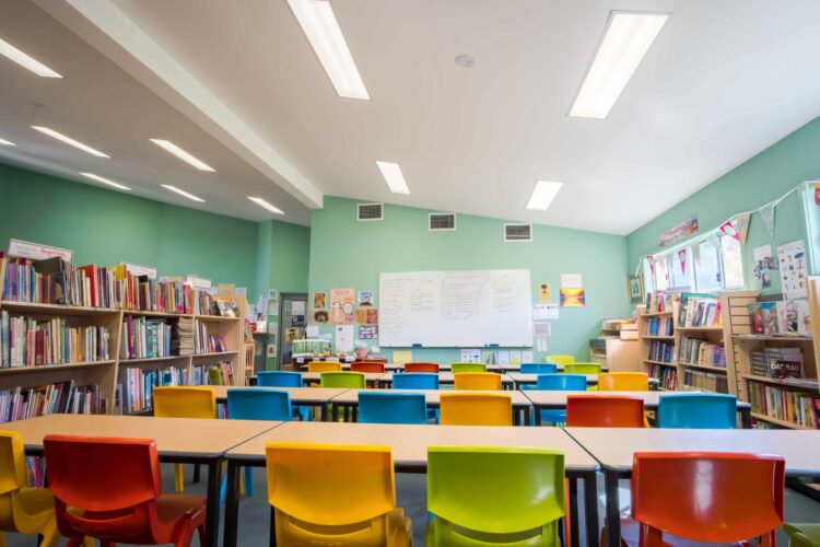 Bright school classroom with all chair facing forward ferpa
